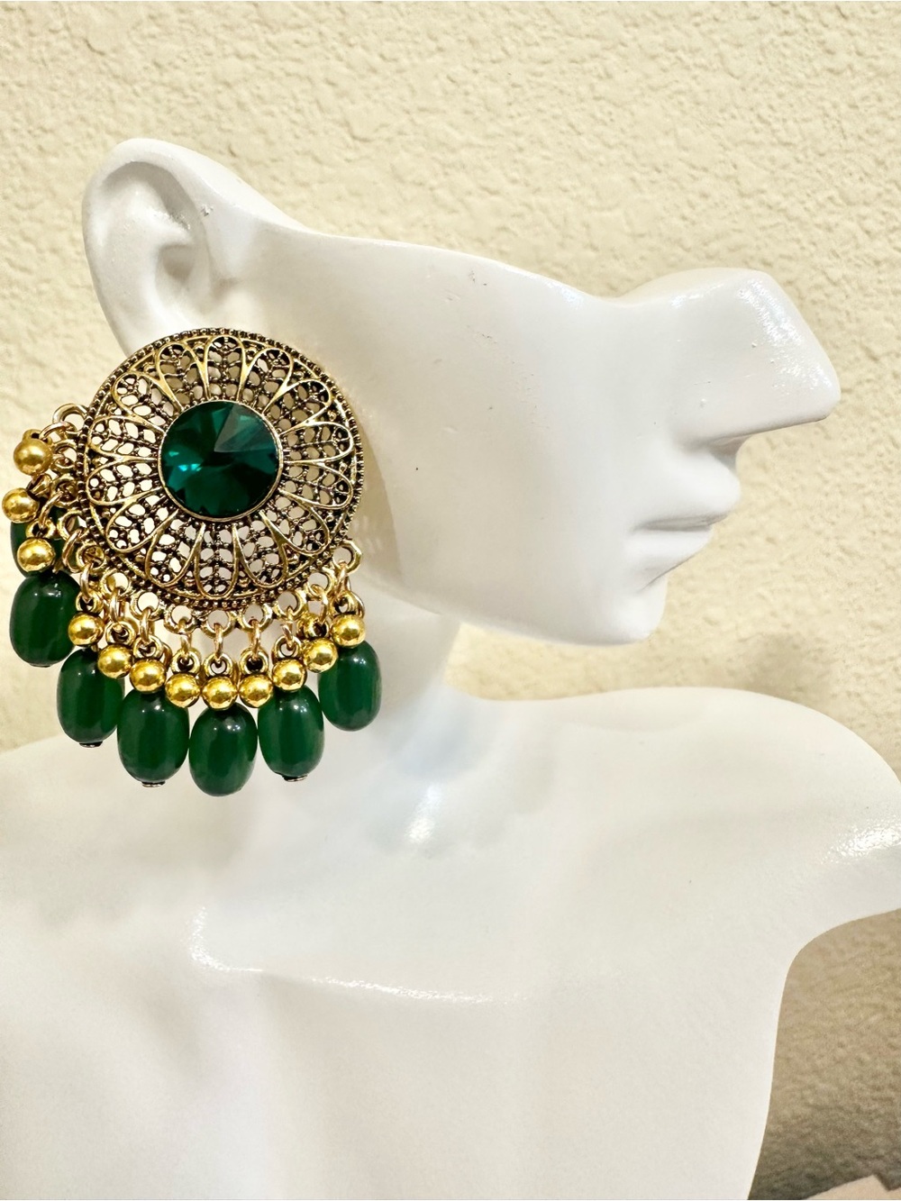 Gold Filigree Earrings with Emerald Green Drops